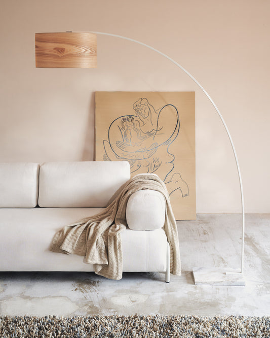 Compo 3-seater beige chenille sofa, small tray oak veneer and beige metal structure 232cm FSC Mix Credit