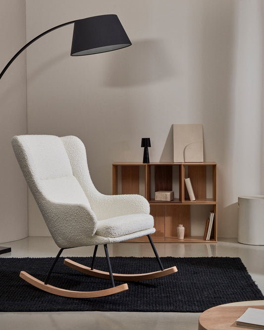 Maustin rocking chair in white bouclé with a black steel structure and beech wood