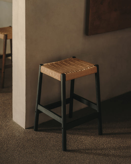 Yalia stool in solid oak wood in a black finish and rope cord, height 65 cm FSC 100%