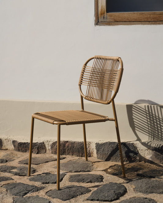 Talaier stackable outdoor chair made of synthetic rope and galvanized steel in brown finish