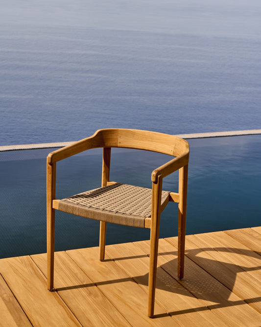 Icaro stackable chair solid teak wood with natural finish and beige rope cord, FSC 100%