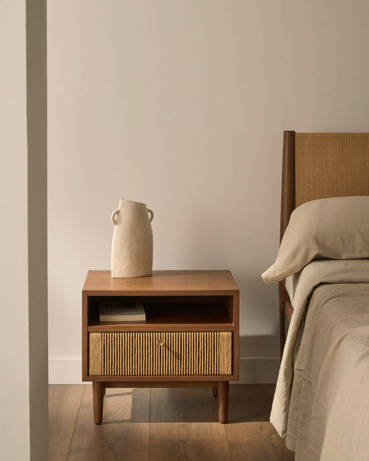 Elan bedside table in veneer and solid walnut with cord 51x45cm FSC Mix Credit