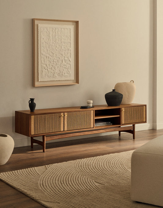 Elan TV cabinet 3 doors veneer and solid walnut and cord 200 x 50 cm FSC Mix Credit