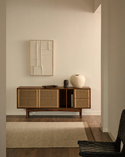 Elan sideboard 2 doors and 2 drawers veneer and solid walnut and cord 180x73cm FSC Mix Credit