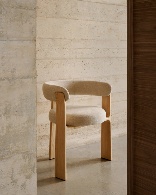 Granite 3-legged chair in beige chenille and solid ash wood in a natural finish FSC 100%