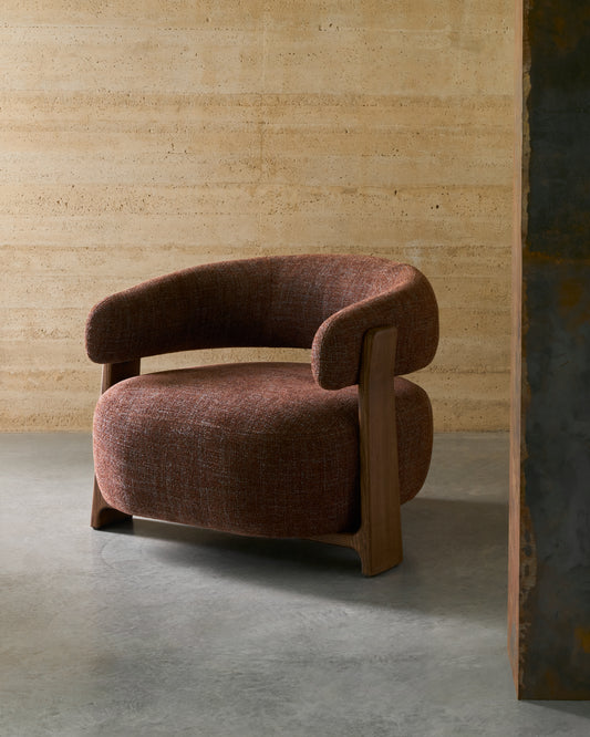 Granite brown chenille armchair with solid ash wood legs in a walnut finish FSC 100%