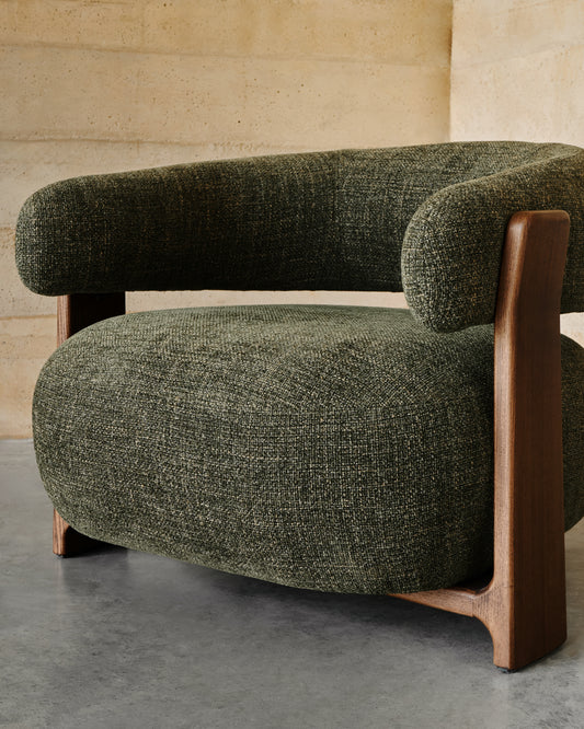 Granite green chenille armchair with solid ash wood legs in a walnut finish FSC 100%