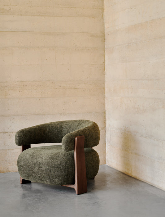 Granite green chenille armchair with solid ash wood legs in a walnut finish FSC 100%