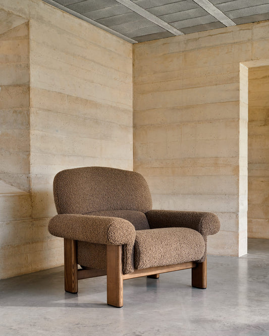 Nema armchair in taupe bouclé with solid ash wood legs in a walnut finish FSC 100%