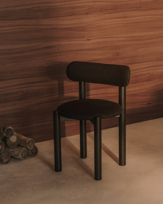 Nebai chair in black chenille with a solid oak wood structure and black finish FSC MIX Credit