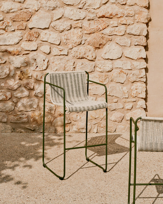 Maurina stool in green galvanised steel and ecru and grey rope cord 64,5cm