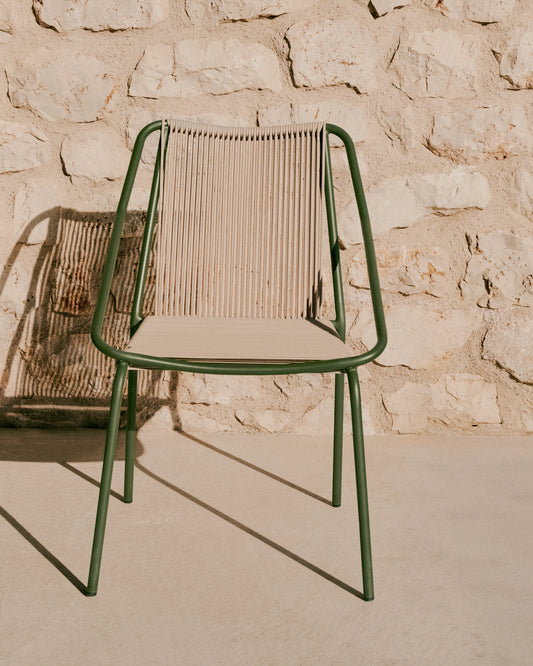 Zivia stackable outdoor chair in ecru rope cord and green galvanised steel