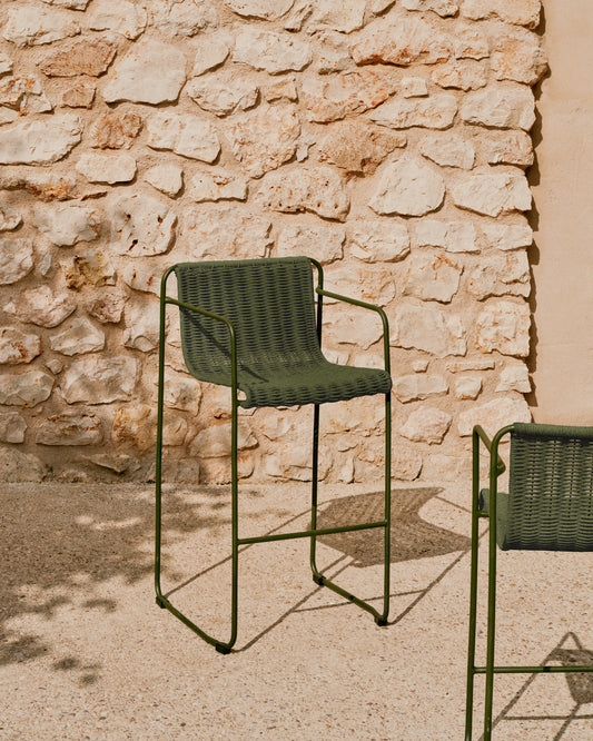 Maurina stool in green galvanised steel and green rope cord 64,5cm