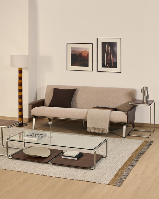 Amsen light brown 3-seater sofa in walnut plywood with brushed stainless steel legs 190cm