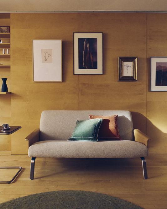 Amsen beige 2-seater sofa in oak plywood with brushed stainless steel legs 150cm