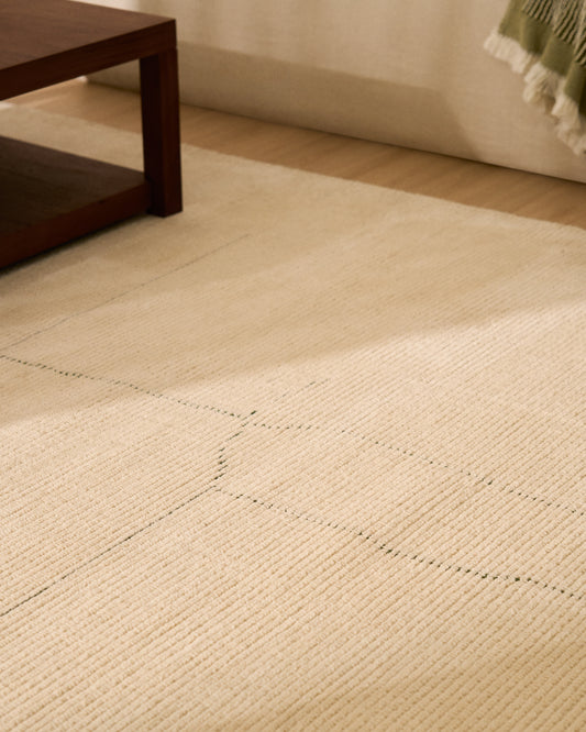 Lisdan ecru synthetic fibre rug with green graphic detail 160 x 230cm