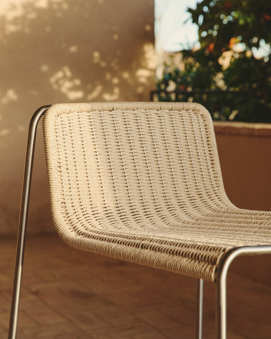 Tavari stackable stool in beige synthetic rope cord and AISI 304 stainless steel with brushed finish 75 cm