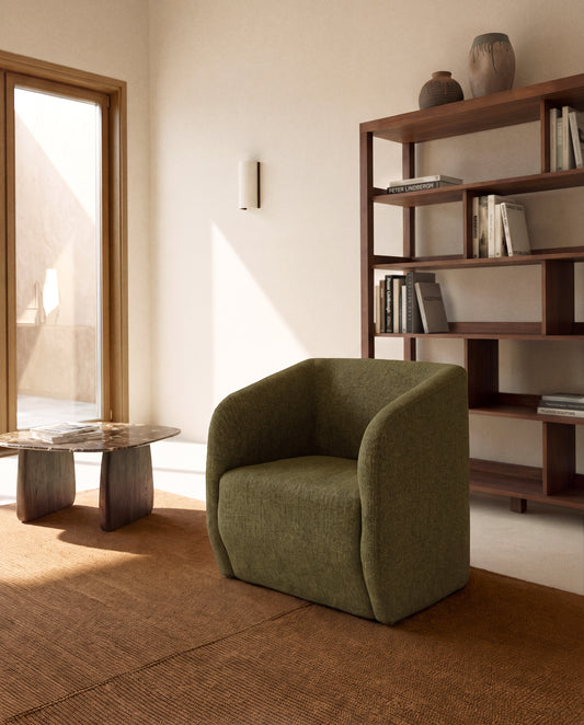 Milare armchair in olive green chenille 73 cm FSC 100%