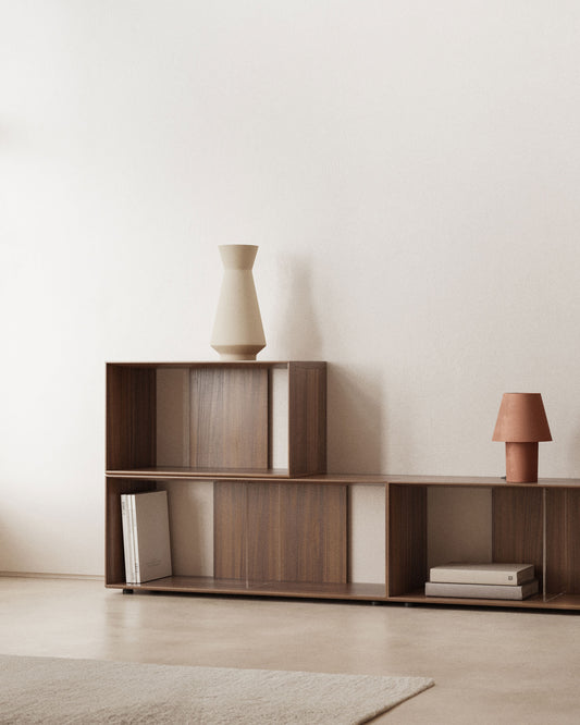 Litto set of 6 modular shelving units in walnut wood veneer, 168 x 114 cm