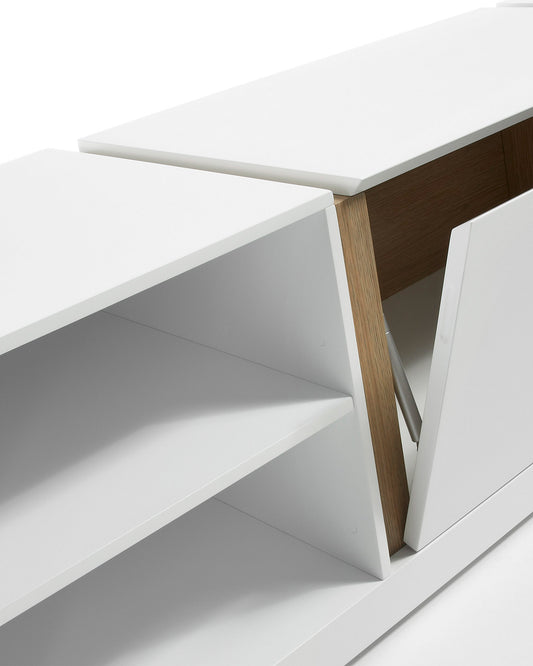 DE TV stand with white lacquer and oak veneer details 140 x 42 cm