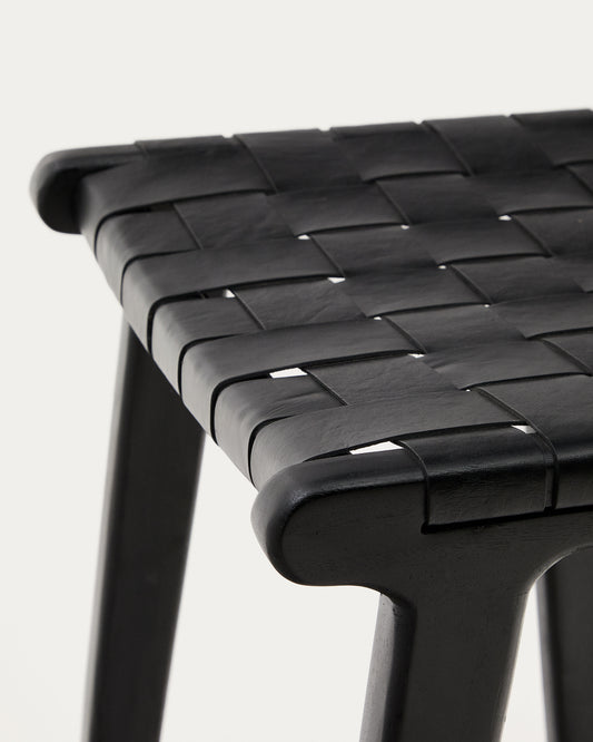 Calixta stool in leather and solid mahogany wood with black finish, 65 cm height