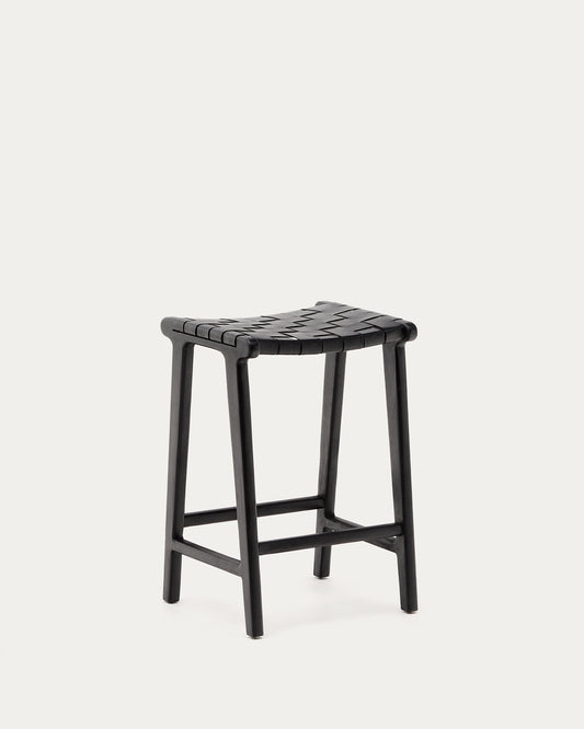 Calixta stool in leather and solid mahogany wood with black finish, 65 cm height