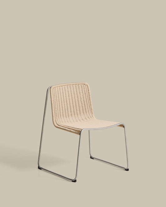 Tavari stackable chair in beige synthetic rope cord and AISI 304 stainless steel with brushed finish