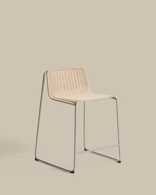 Tavari stackable stool in beige synthetic rope cord and AISI 304 stainless steel with brushed finish 65 cm