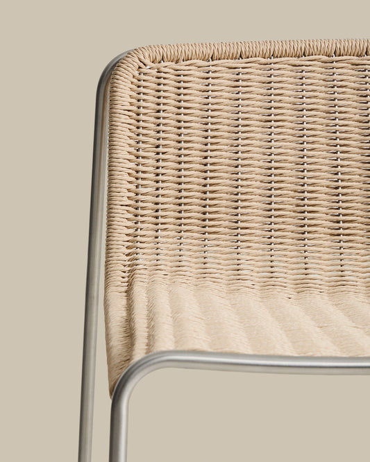 Tavari stackable stool in beige synthetic rope cord and AISI 304 stainless steel with brushed finish 75 cm