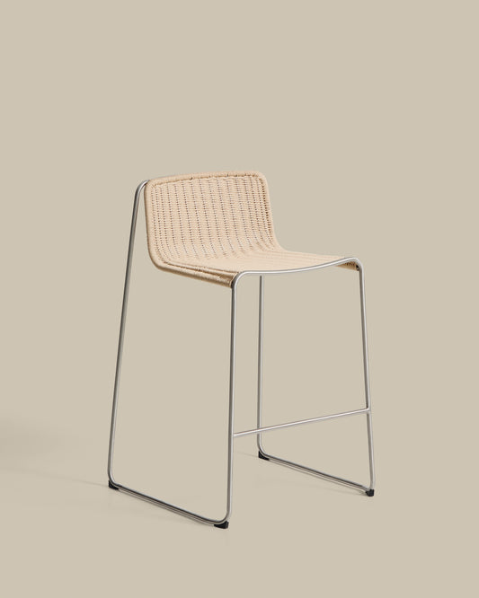 Tavari stackable stool in beige synthetic rope cord and AISI 304 stainless steel with brushed finish 75 cm