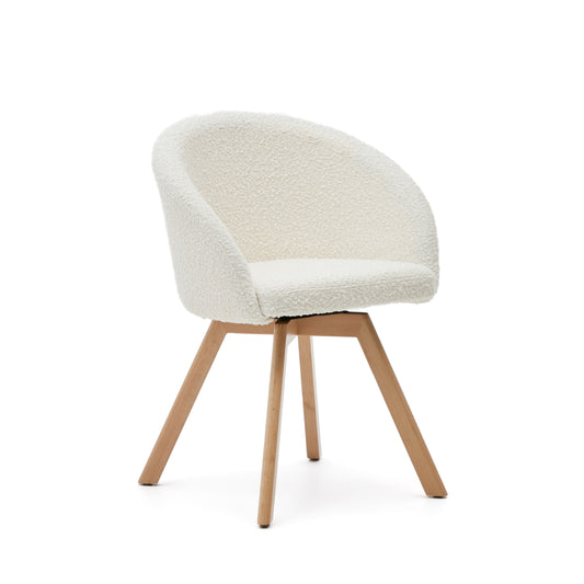 Marvin swivel chair in white bouclé with solid beech wood legs in a natural finish FSC 100%