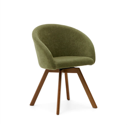 Marvin green chenille swivel chair with solid beech wood legs with a walnut finish FSC 100%