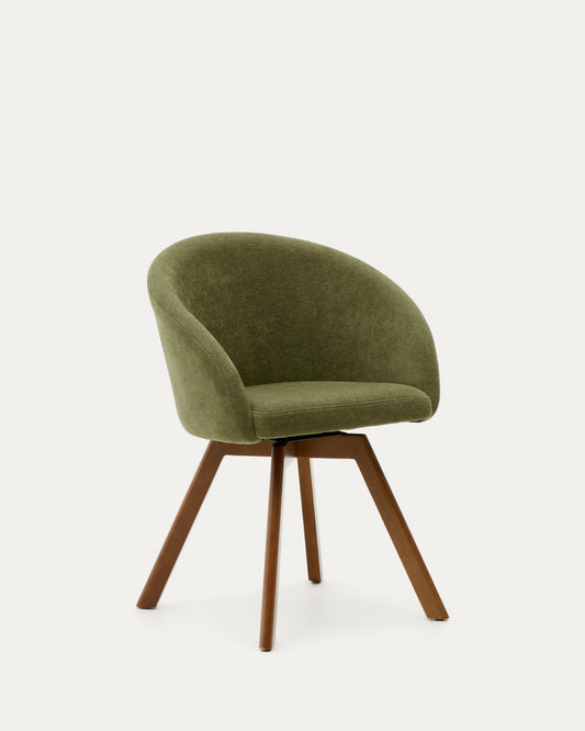 Marvin green chenille swivel chair with solid beech wood legs with a walnut finish FSC 100%