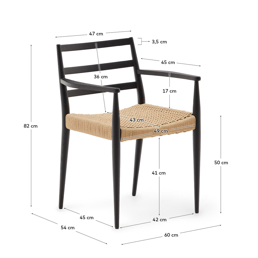 Analy chair with armrests in solid oak wood with black finish and rope seat FSC Mix Credit