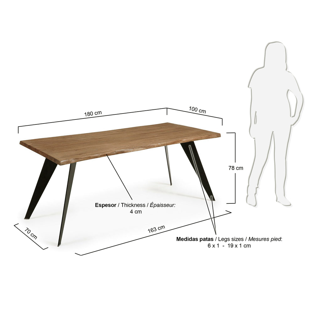 Koda oak veneer table with a distressed finish and black steel legs, 180 x 100 cm