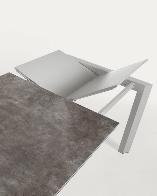 Axis extendable ceramic table with Vulcano Ceniza finish and grey steel legs 120 (180) cm