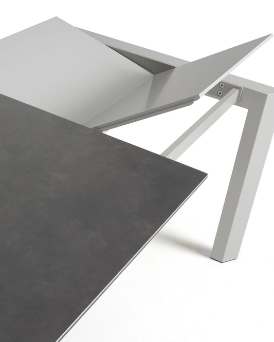 Axis porcelain extendable table in Volcano Rock finish with grey steel legs 120 (180) cm