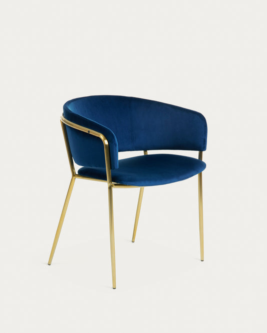 Runnie blue velvet chair with steel legs and gold finish-