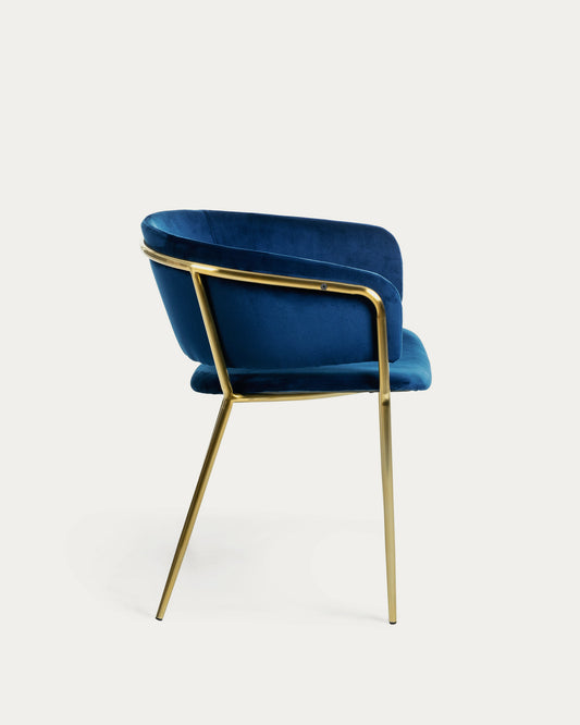 Runnie blue velvet chair with steel legs and gold finish-