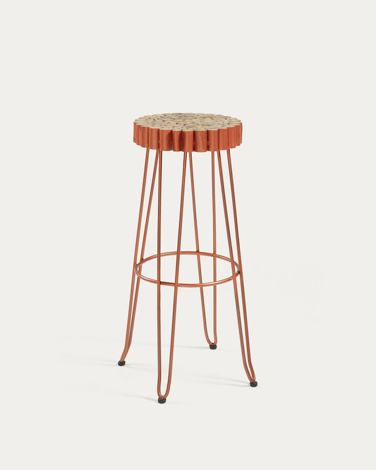 Everet solid mungur wood bar stool with copper effect metal legs