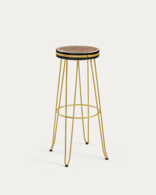 Faye solid mungur wood & steel stool with a gold finish, 74 cm height