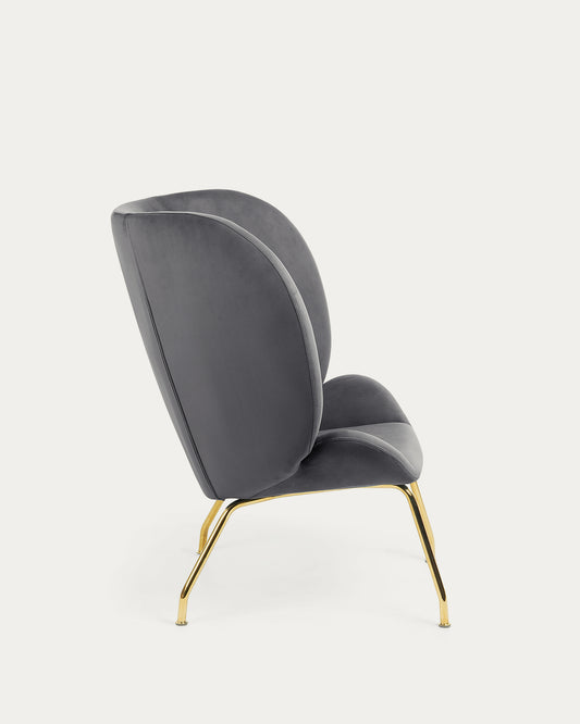 Violet armchair in dark grey velvet with steels legs in a gold finish