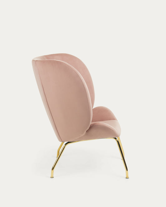 Violet armchair in pink velvet with steels legs in a gold finish