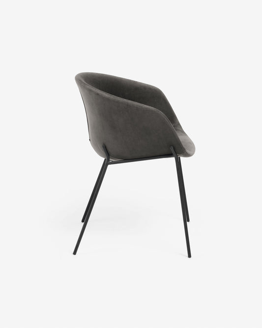 Violet velvet chair in grey with legs in a black finish.