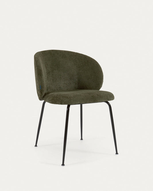 Minna chenille chair in green with steel legs in a black finish