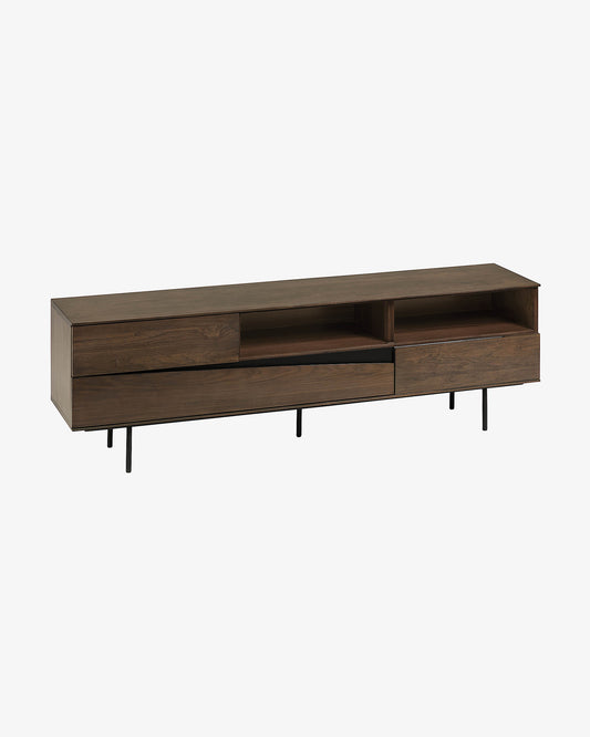 Cutt American walnut veneer TV stand with drawers and black finish steel, 180 x 56 cm