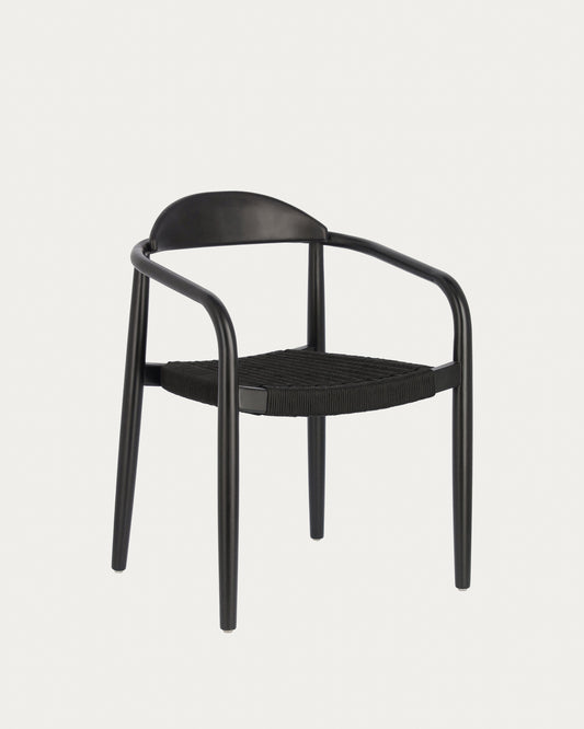 Nina stackable chair in solid acacia wood with black finish and black rope seat FSC 100%