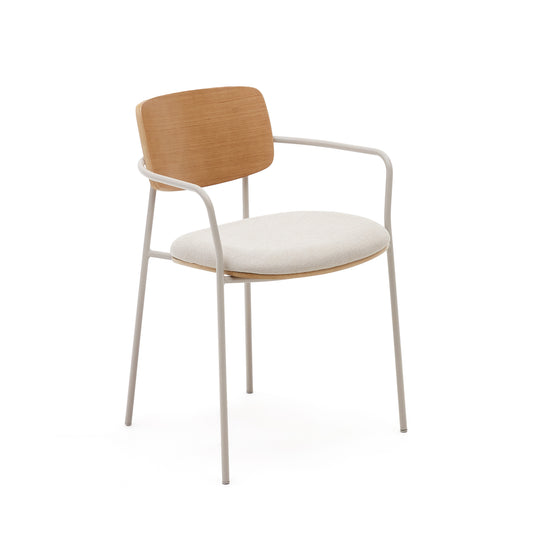 Maureen stackable chair in poplar plywood with light tone finish and beige metal legs, 100% FSC