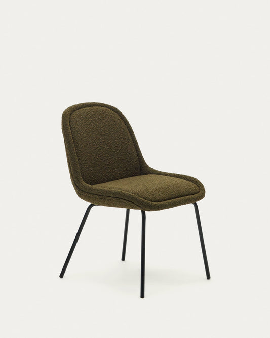 Aimin chair in green bouclé and steel legs with a matte black painted finish FSC Mix Credit