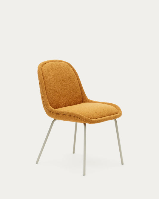 Aimin chair in mustard bouclé and steel legs with a matte beige painted finish FSC Mix Credit